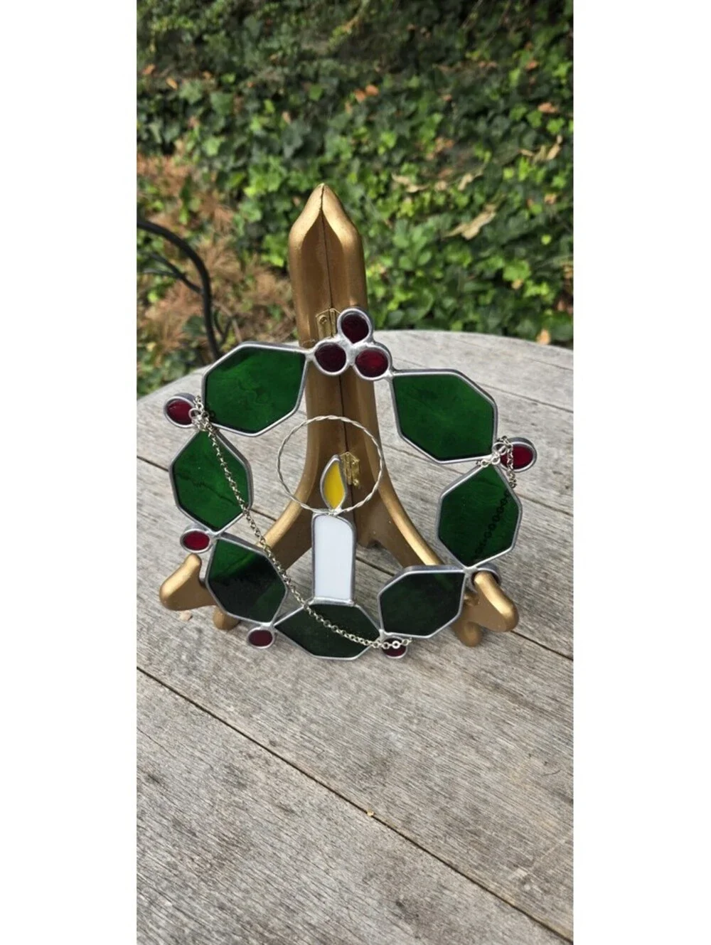 Vintage Stained Leaded Glass Christmas Holly Wreath & Candle Suncatcher 7X7